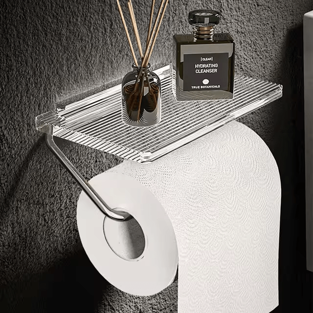Wall-Mounted Toilet Paper Holder with Integrated Acrylic Shelf and Metal Arm - Image 5