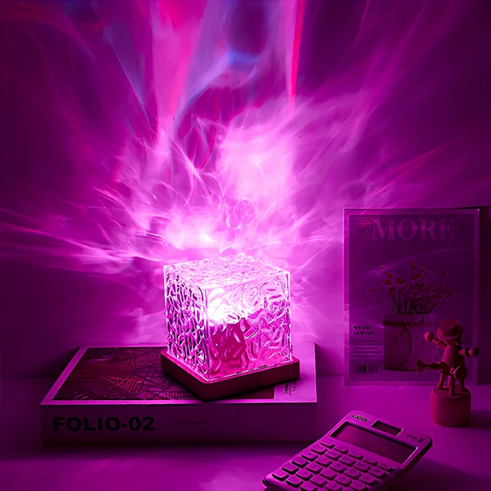 Water Ripple Projector Lamp Cube Light Wooden Base Multicolor LED Tabletop - Image 4