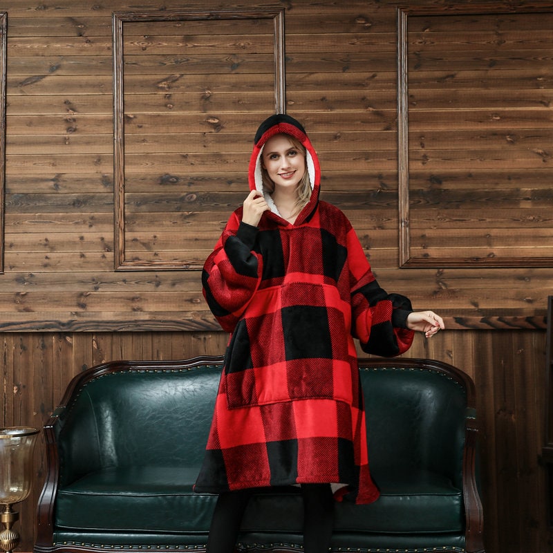 Wearable Blanket Hoodie Oversized Sherpa Fleece Sweatshirt with Plush Lining Kangaroo Pocket - Image 3