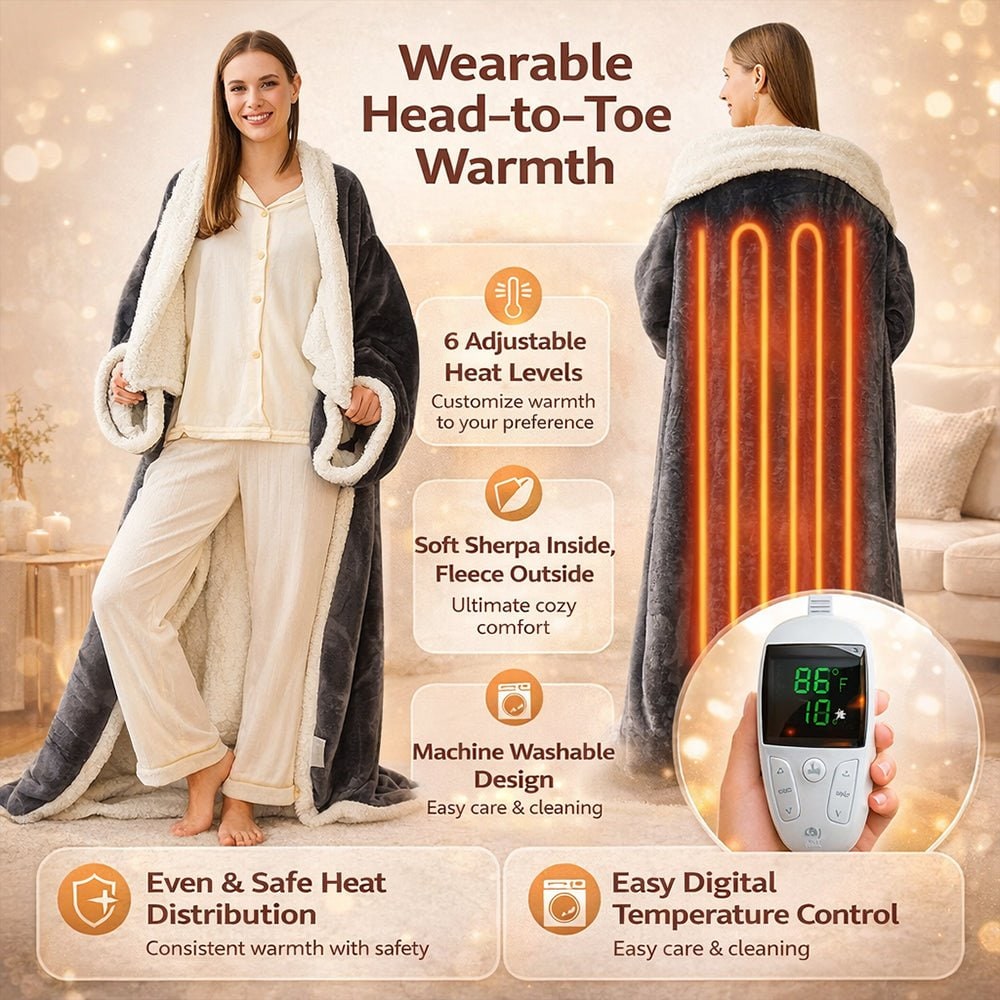 Wearable Heated Blanket with Sleeves and Sherpa Fleece Lining Energy Efficient Heating Throw - Image 2