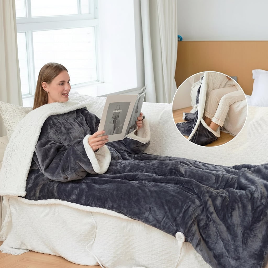Wearable Heated Blanket with Sleeves and Sherpa Fleece Lining Energy Efficient Heating Throw - Image 3