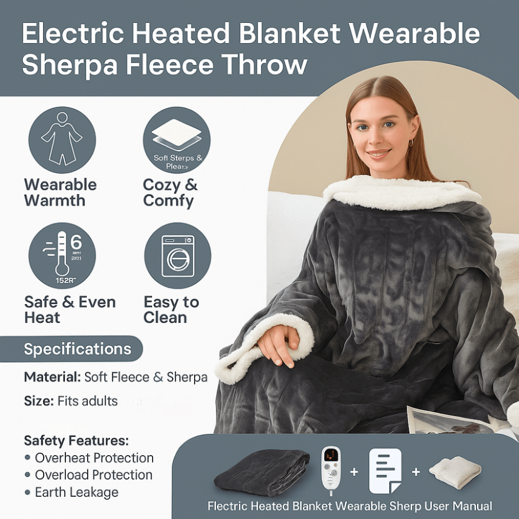 Wearable Heated Blanket with Sleeves and Sherpa Fleece Lining Energy Efficient Heating Throw - Image 6