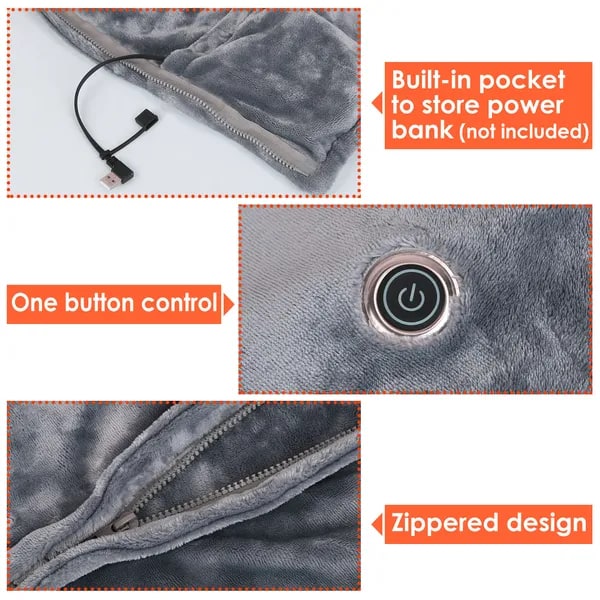 Wearable Heated Blanket with USB Power Zipper Front and Eight Heating Zones Flannel Throw - Image 4