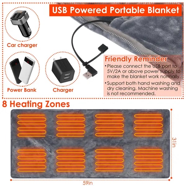Wearable Heated Blanket with USB Power Zipper Front and Eight Heating Zones Flannel Throw - Image 5
