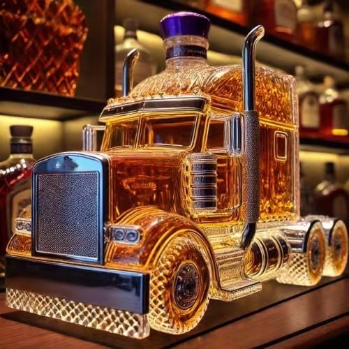 Whiskey Decanter Semi-Truck Shaped Glass Bottle with Stopper and Molded Wheels - Image 1