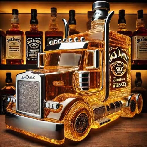 Whiskey Decanter Semi-Truck Shaped Glass Bottle with Stopper and Molded Wheels - Image 2