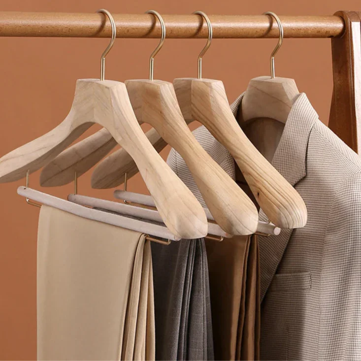Wide Shoulder Wooden Hangers Coat Suit Metal Clips Non Slip Bar With Trouser - Image 1