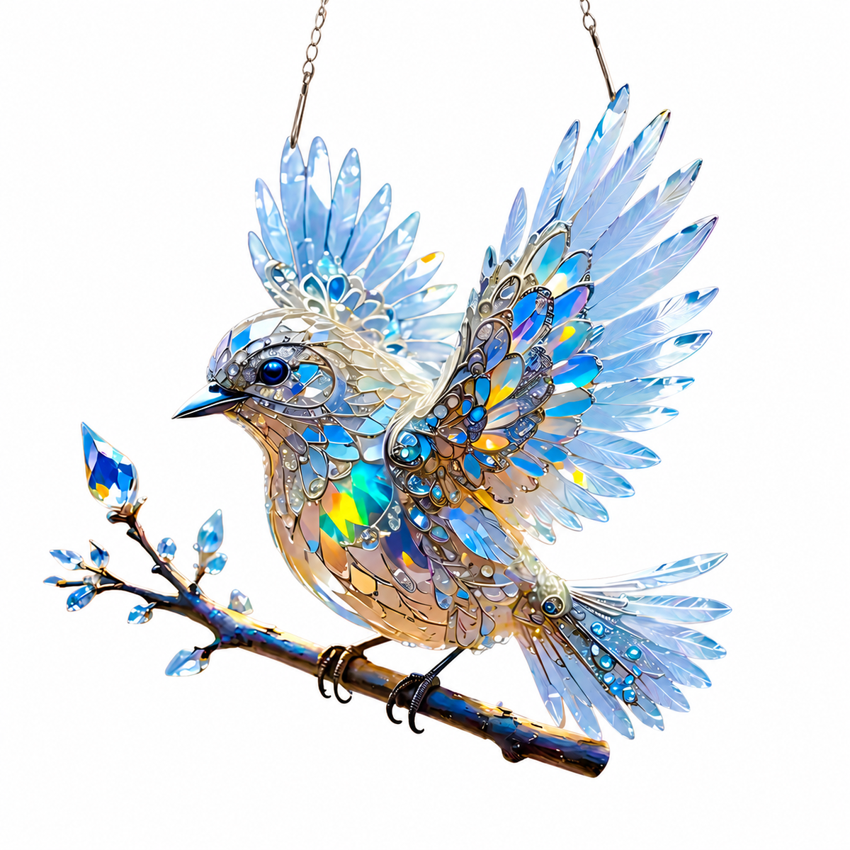 Window Suncatcher with Stained Glass Bluebird Design and Hanging Chain - Image 1