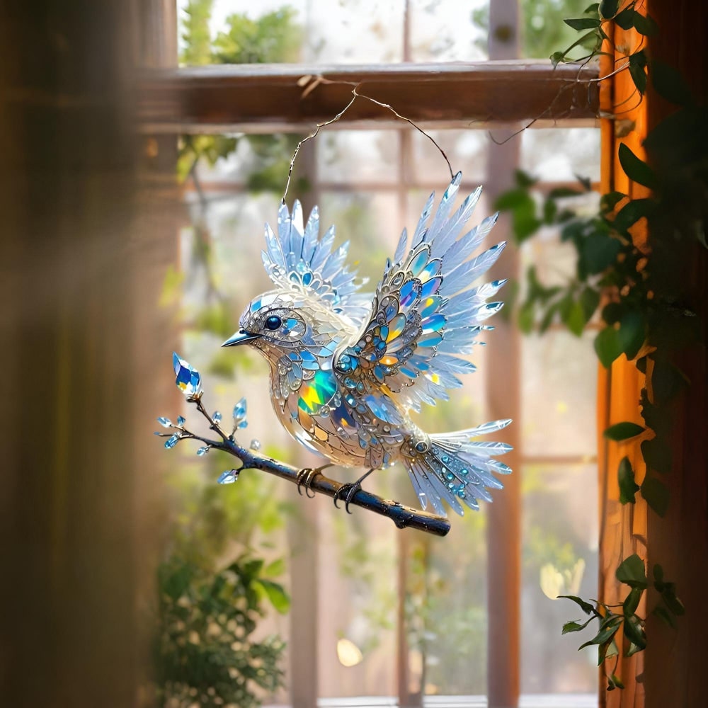 Window Suncatcher with Stained Glass Bluebird Design and Hanging Chain - Image 3
