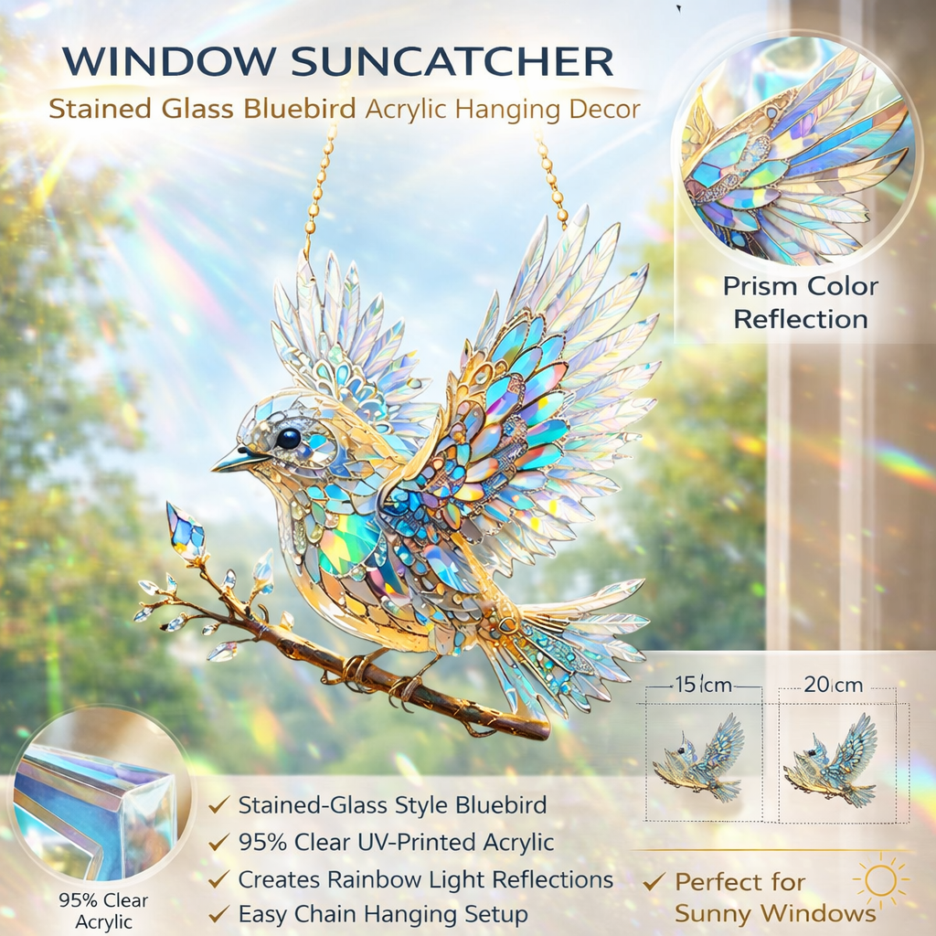 Window Suncatcher with Stained Glass Bluebird Design and Hanging Chain - Image 5