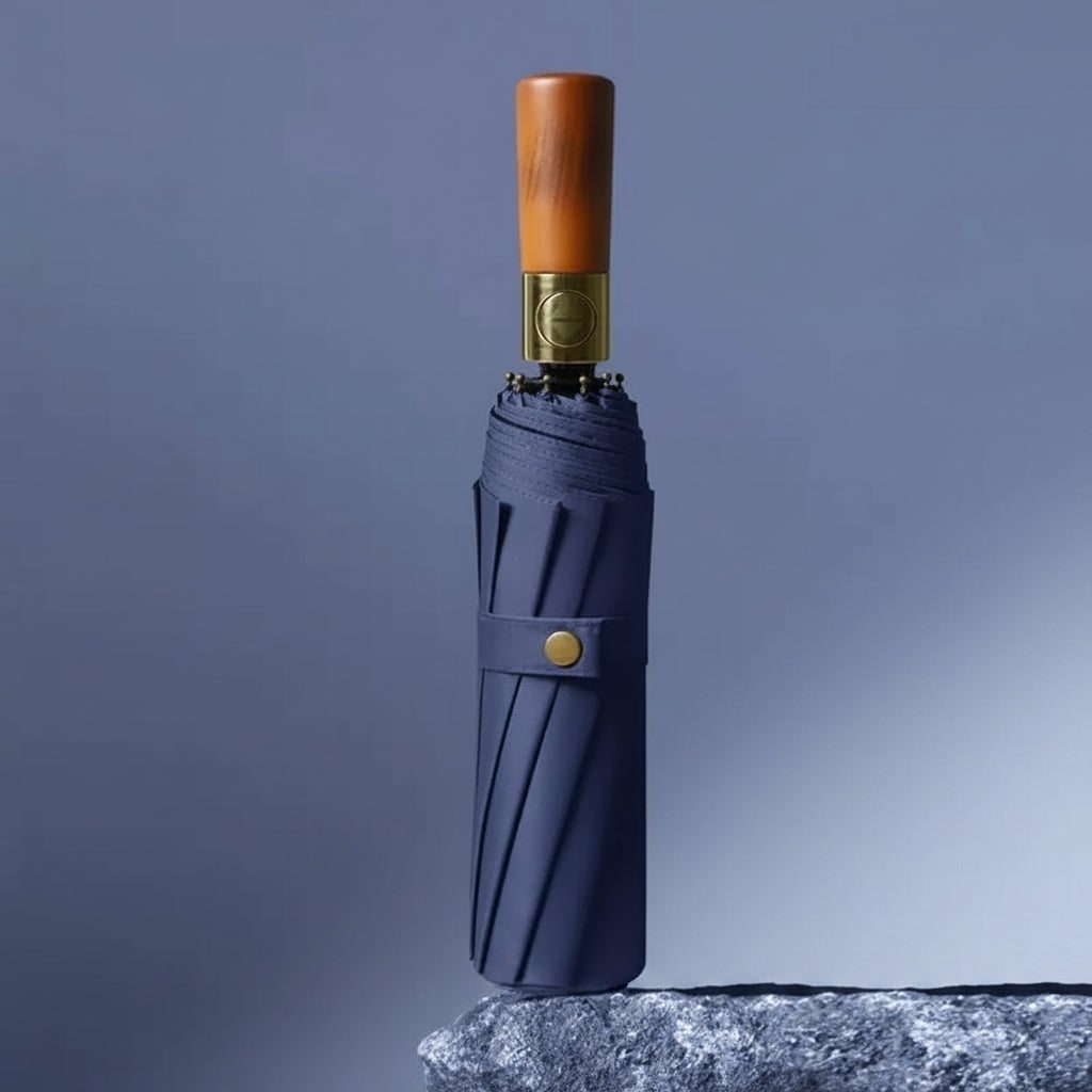 Windproof Travel Umbrella with Automatic Folding Wooden Handle and Compact Design - Image 1