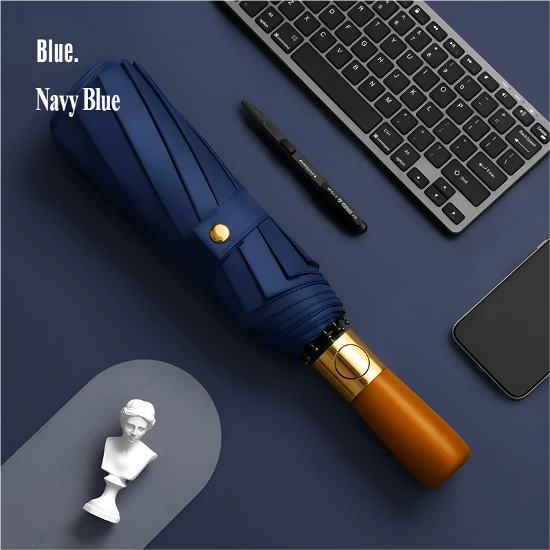 Windproof Travel Umbrella with Automatic Folding Wooden Handle and Compact Design - Image 11