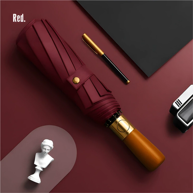 Windproof Travel Umbrella with Automatic Folding Wooden Handle and Compact Design - Image 12