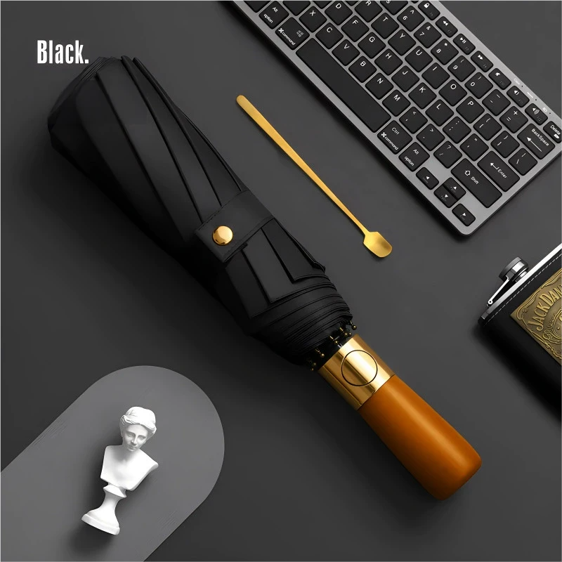 Windproof Travel Umbrella with Automatic Folding Wooden Handle and Compact Design - Image 13