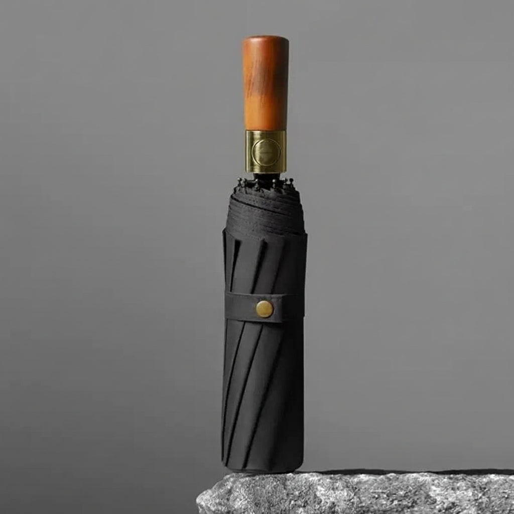 Windproof Travel Umbrella with Automatic Folding Wooden Handle and Compact Design - Image 2