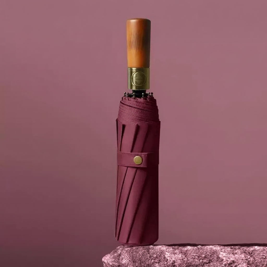 Windproof Travel Umbrella with Automatic Folding Wooden Handle and Compact Design - Image 3