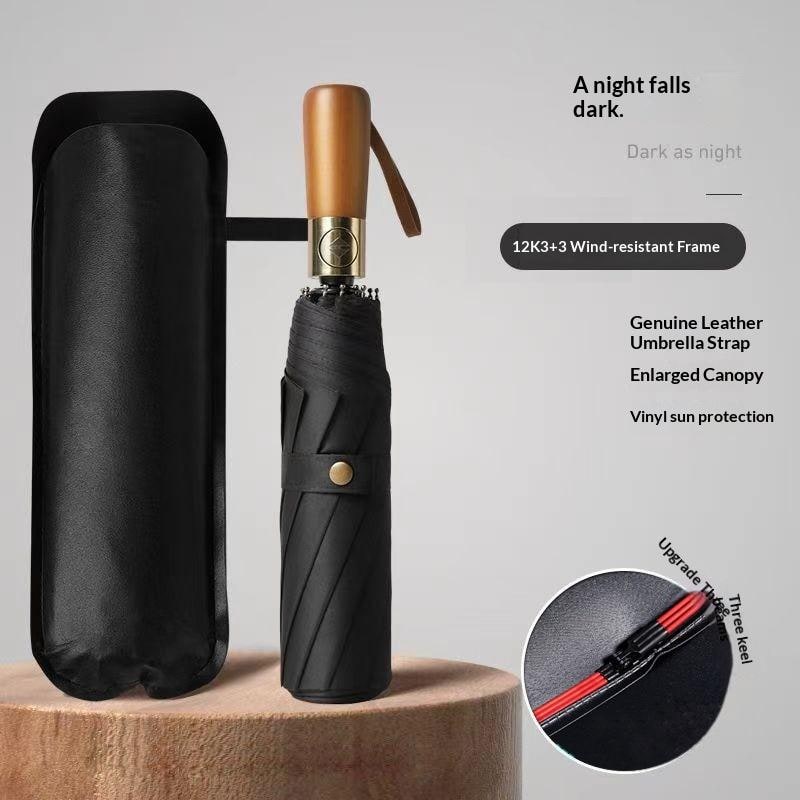 Windproof Travel Umbrella with Automatic Folding Wooden Handle and Compact Design - Image 4