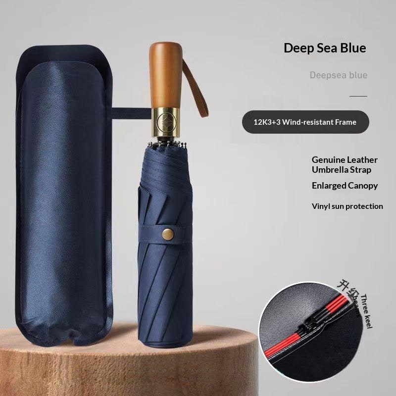 Windproof Travel Umbrella with Automatic Folding Wooden Handle and Compact Design - Image 5