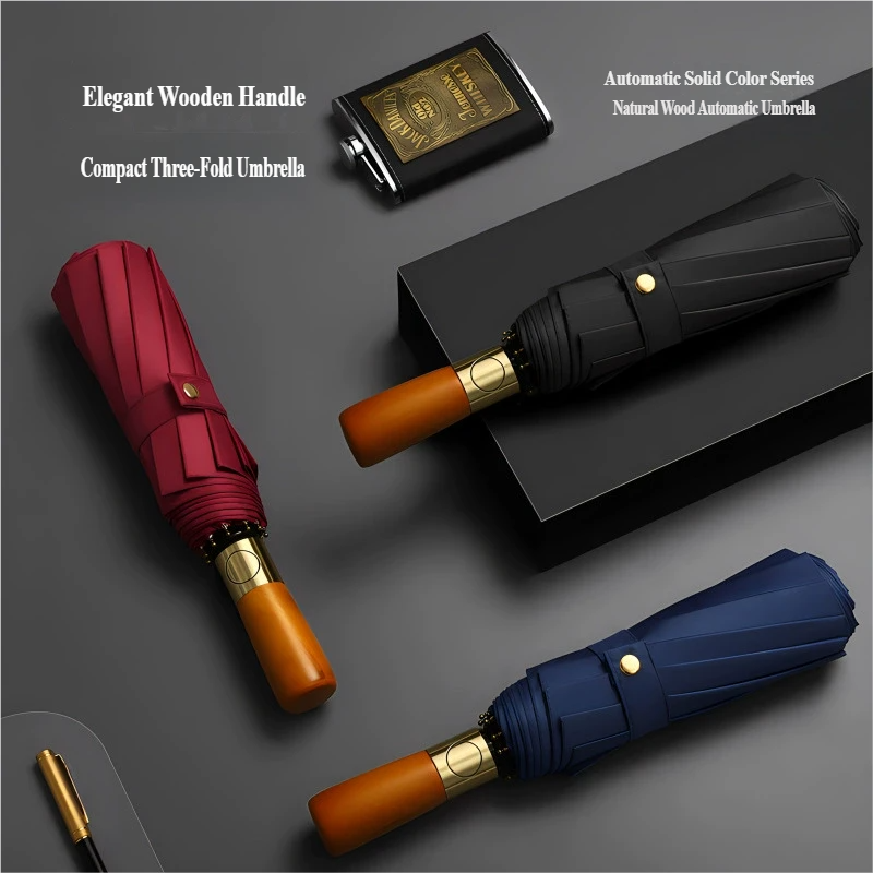 Windproof Travel Umbrella with Automatic Folding Wooden Handle and Compact Design - Image 6