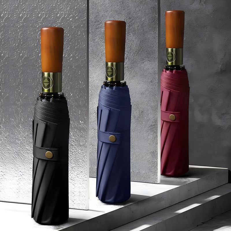 Windproof Travel Umbrella with Automatic Folding Wooden Handle and Compact Design - Image 7