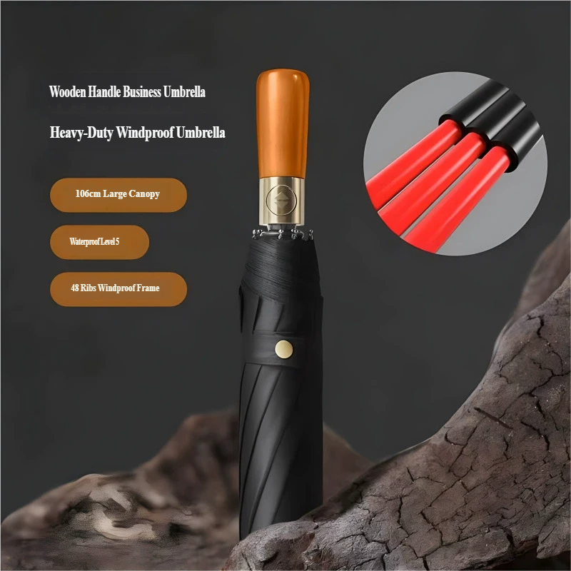 Windproof Travel Umbrella with Automatic Folding Wooden Handle and Compact Design - Image 8
