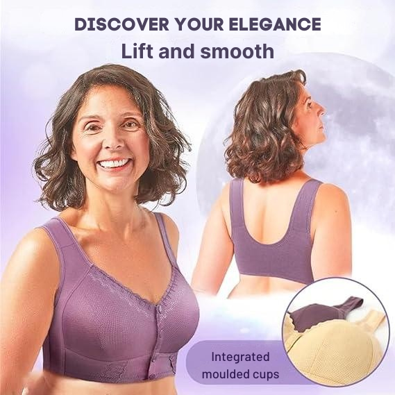 Wireless Front Closure Bra Breathable Button Full Coverage Lace Trim - Image 1