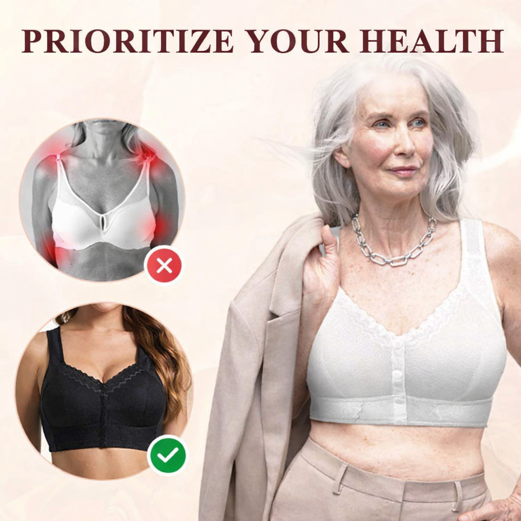 Wireless Front Closure Bra Breathable Button Full Coverage Lace Trim - Image 3