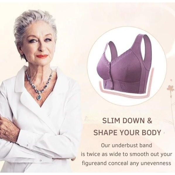 Wireless Front Closure Bra Breathable Button Full Coverage Lace Trim - Image 5