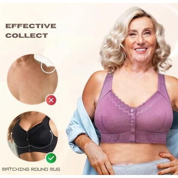 Wireless Front Closure Bra Breathable Button Full Coverage Lace Trim - Image 6