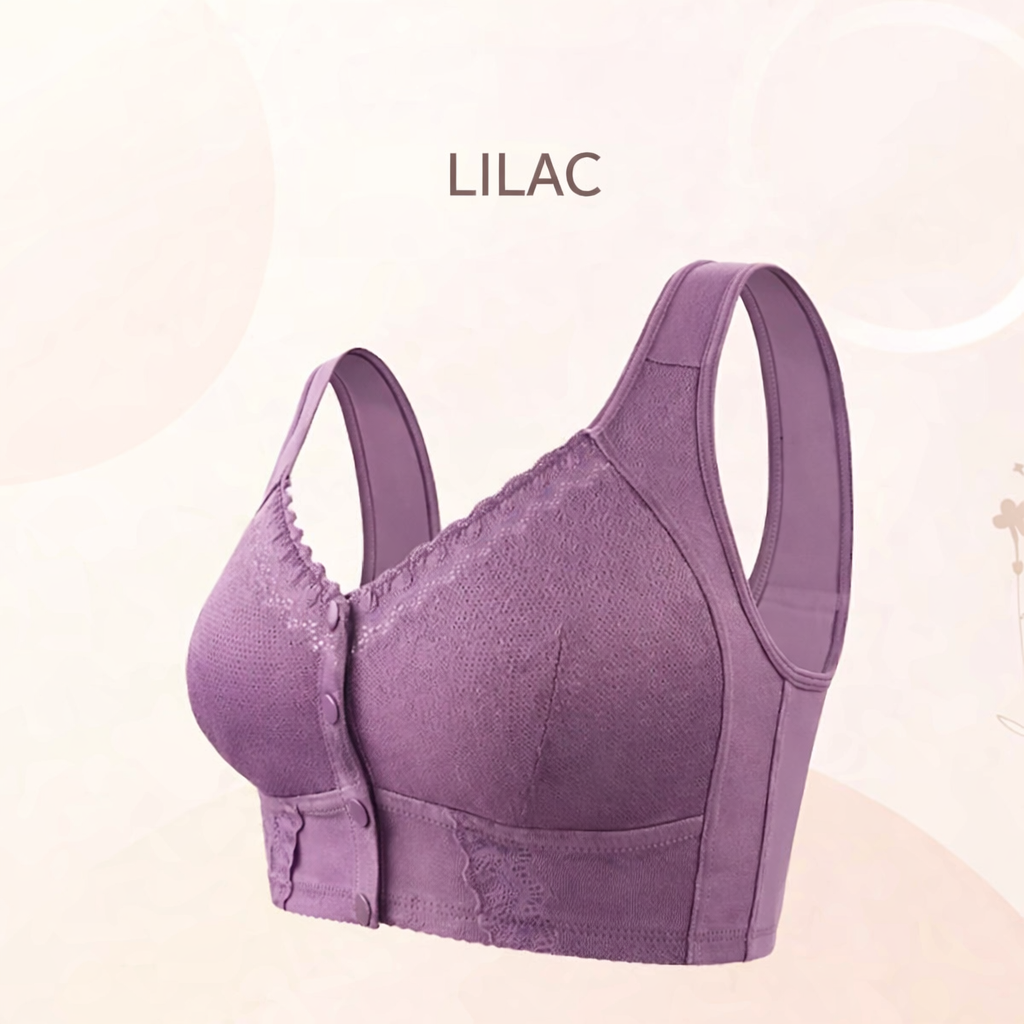 Wireless Front Closure Bra Breathable Button Full Coverage Lace Trim - Image 9