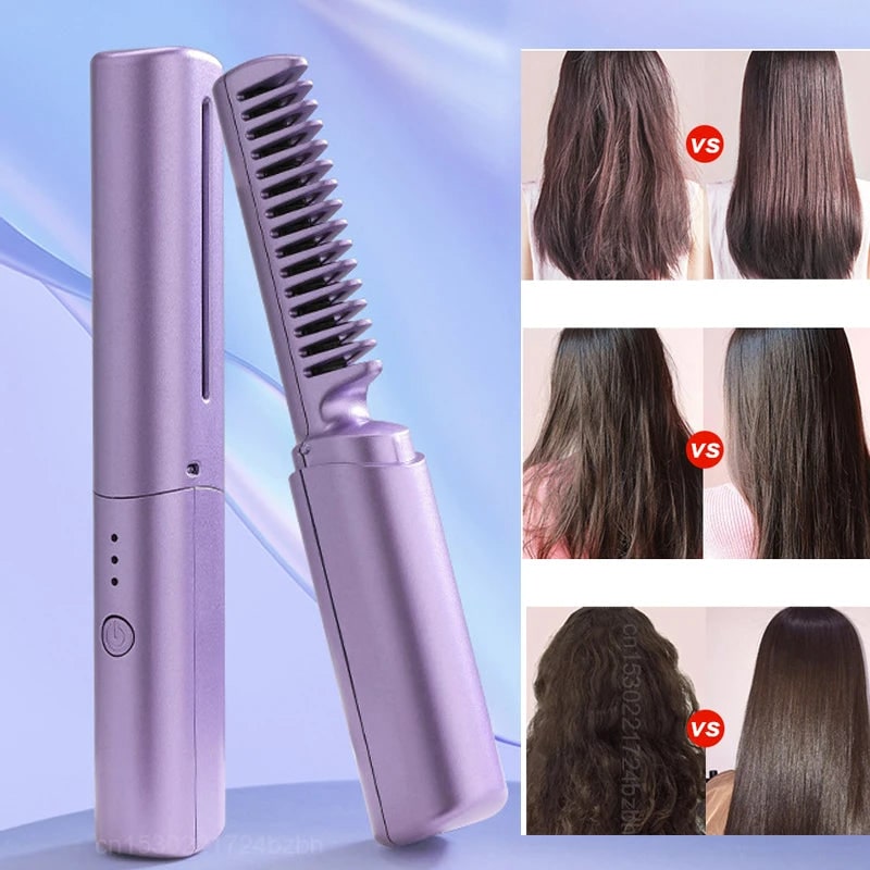 Wireless Hair Straightener Brush Portable Heated Ceramic Cordless LED - Image 1