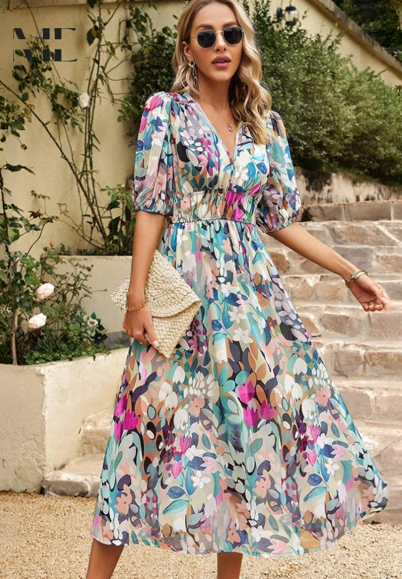 Jasmine | Women's Floral V-Neck Midi Dress for Wedding Guests