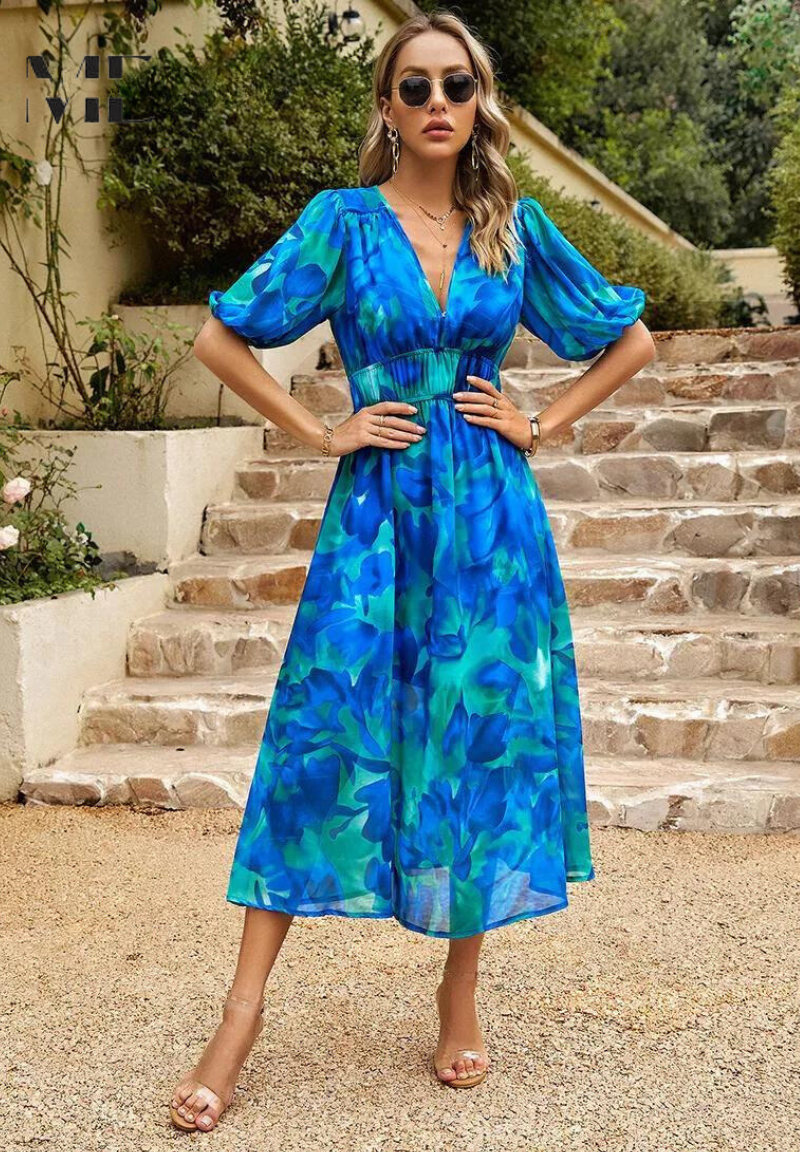 Jasmine | Women's Floral V-Neck Midi Dress for Wedding Guests