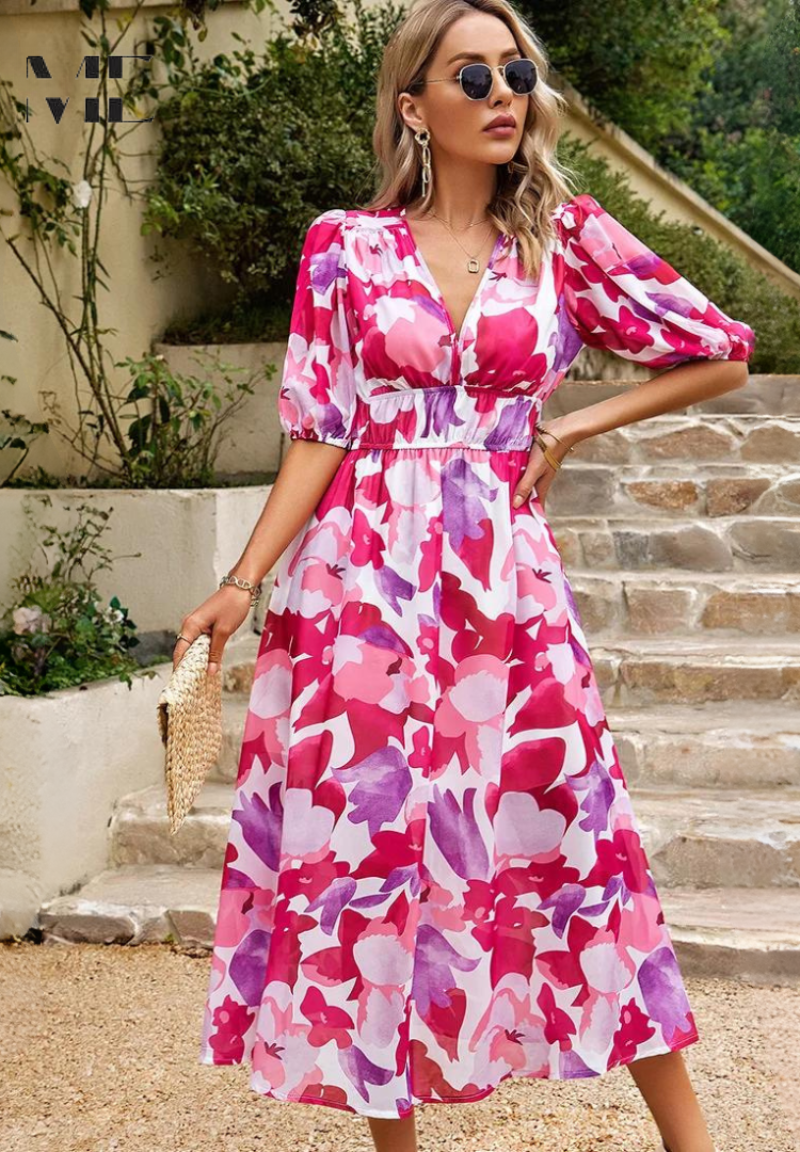 Jasmine | Women's Floral V-Neck Midi Dress for Wedding Guests