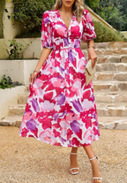 Jasmine | Women's Floral V-Neck Midi Dress for Wedding Guests