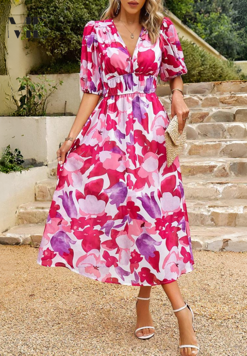 Jasmine | Women's Floral V-Neck Midi Dress for Wedding Guests