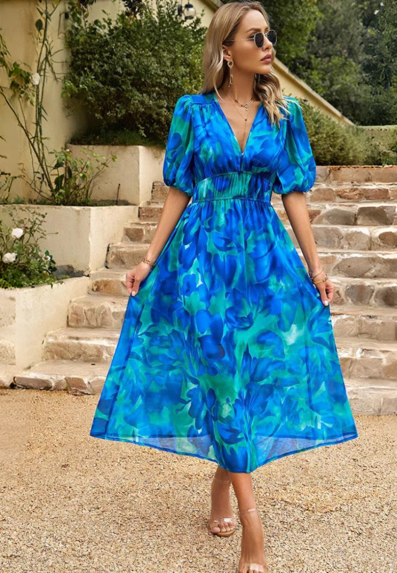 Jasmine | Women's Floral V-Neck Midi Dress for Wedding Guests