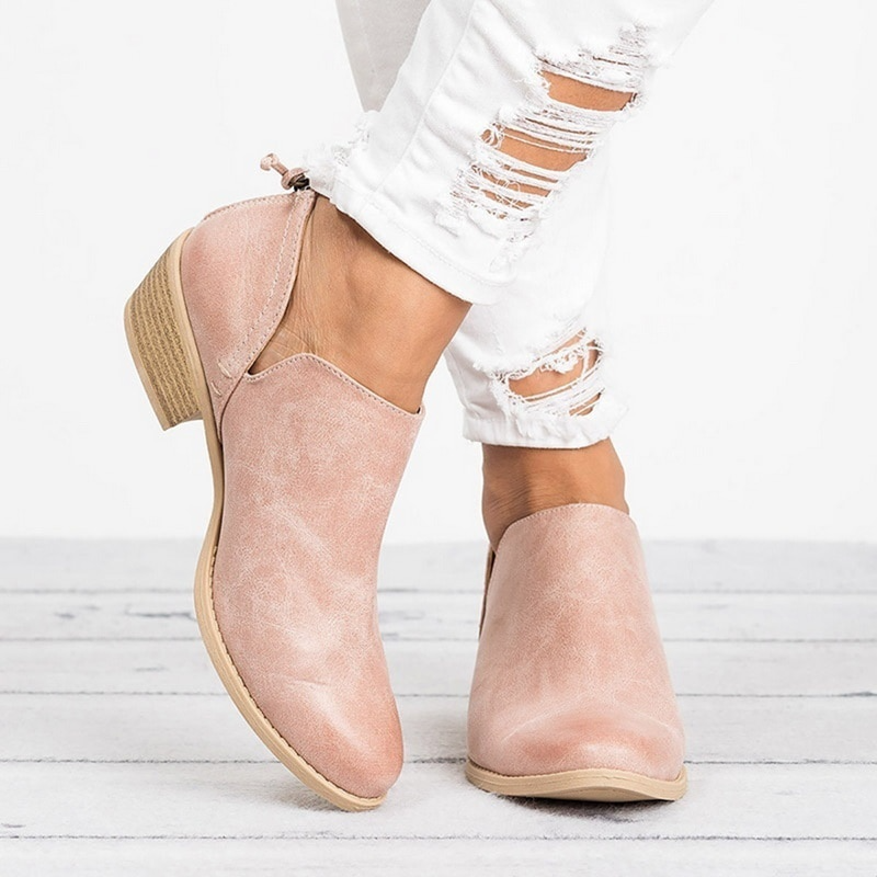 Women's Ankle Boots with Side Cutouts Block Heel and Back Zipper - Image 1