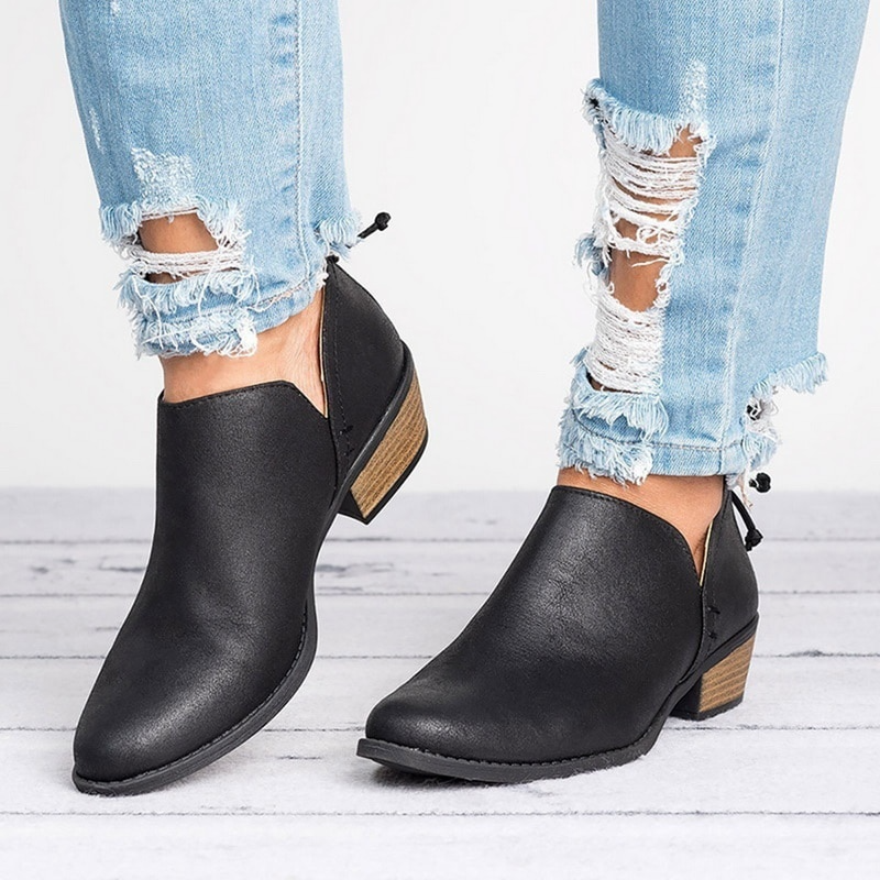 Women's Ankle Boots with Side Cutouts Block Heel and Back Zipper - Image 2