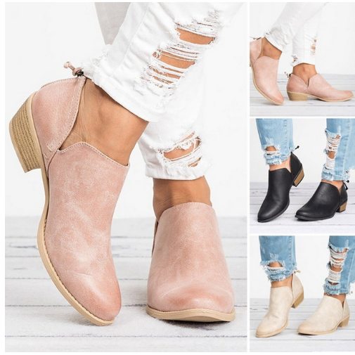 Women's Ankle Boots with Side Cutouts Block Heel and Back Zipper - Image 3