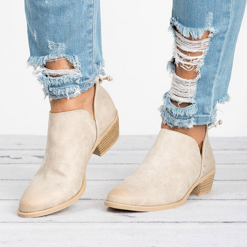 Women's Ankle Boots with Side Cutouts Block Heel and Back Zipper - Image 4