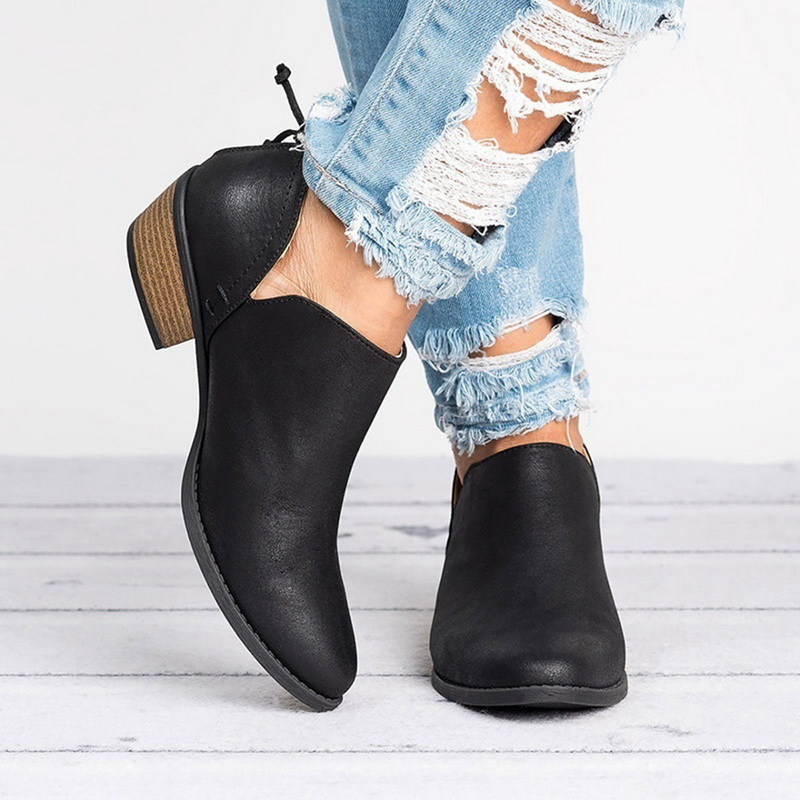 Women's Ankle Boots with Side Cutouts Block Heel and Back Zipper - Image 5
