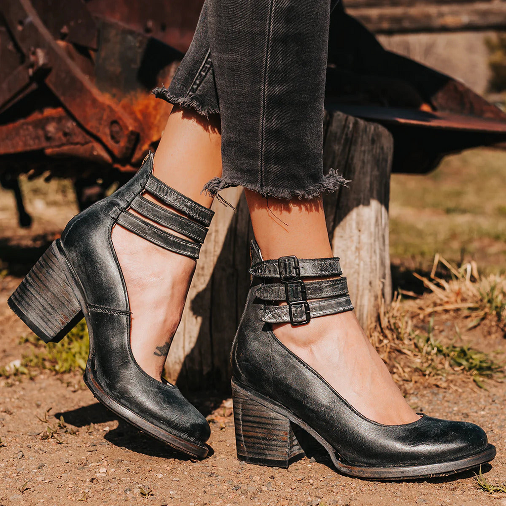 Women's Ankle Strap Block Heel Pumps with Metal Buckle Closures and Zipper - Image 1