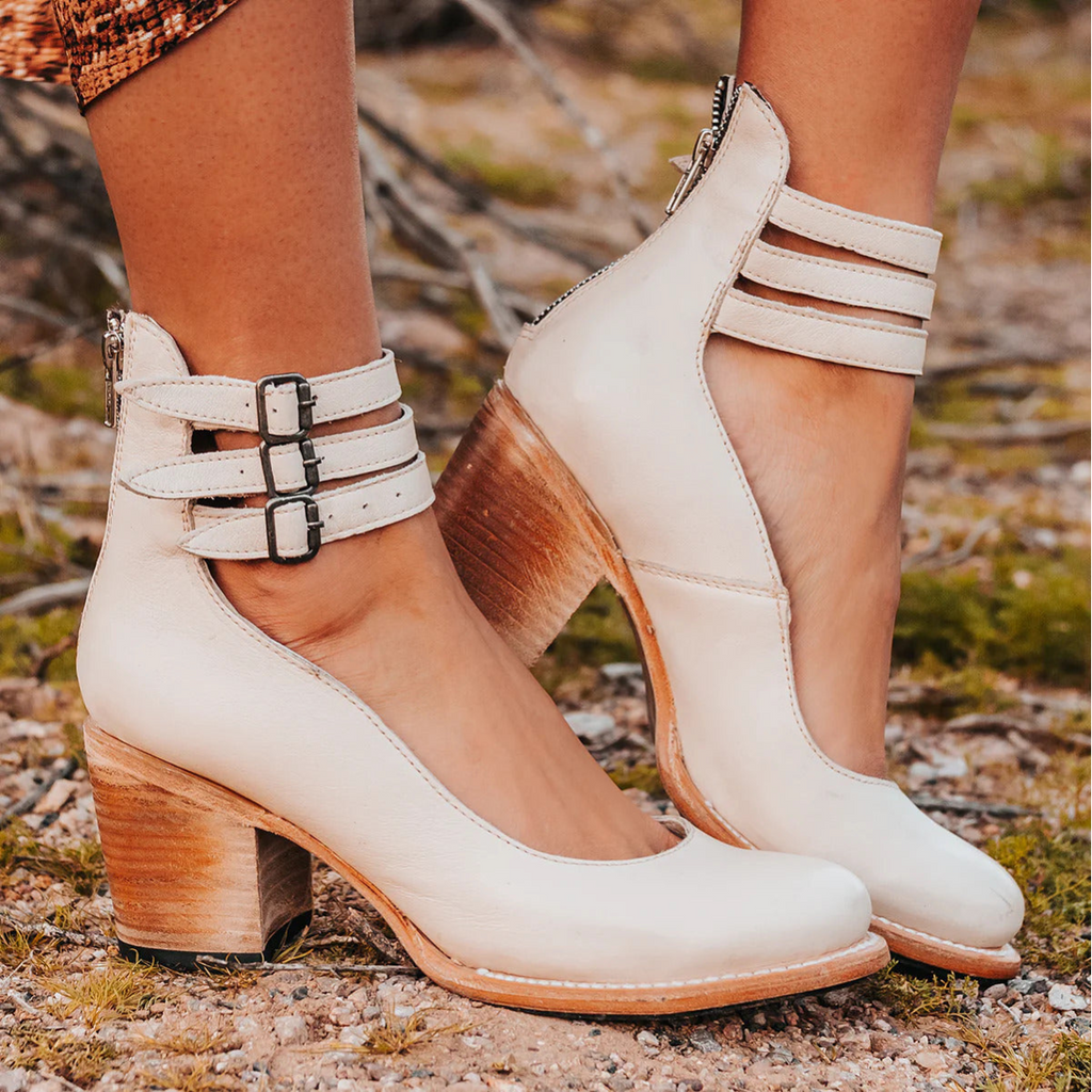 Women's Ankle Strap Block Heel Pumps with Metal Buckle Closures and Zipper - Image 3