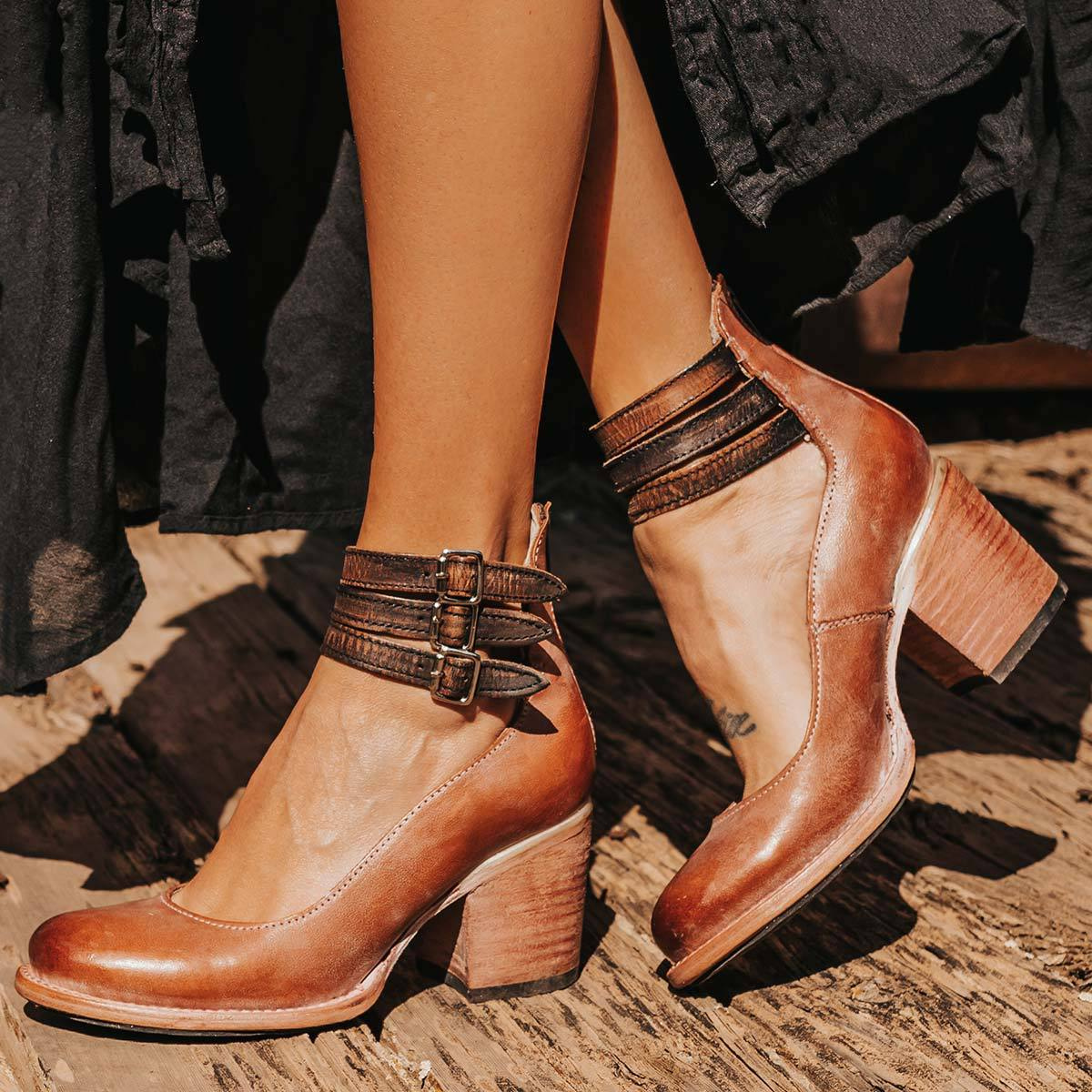 Women's Ankle Strap Block Heel Pumps with Metal Buckle Closures and Zipper - Image 4