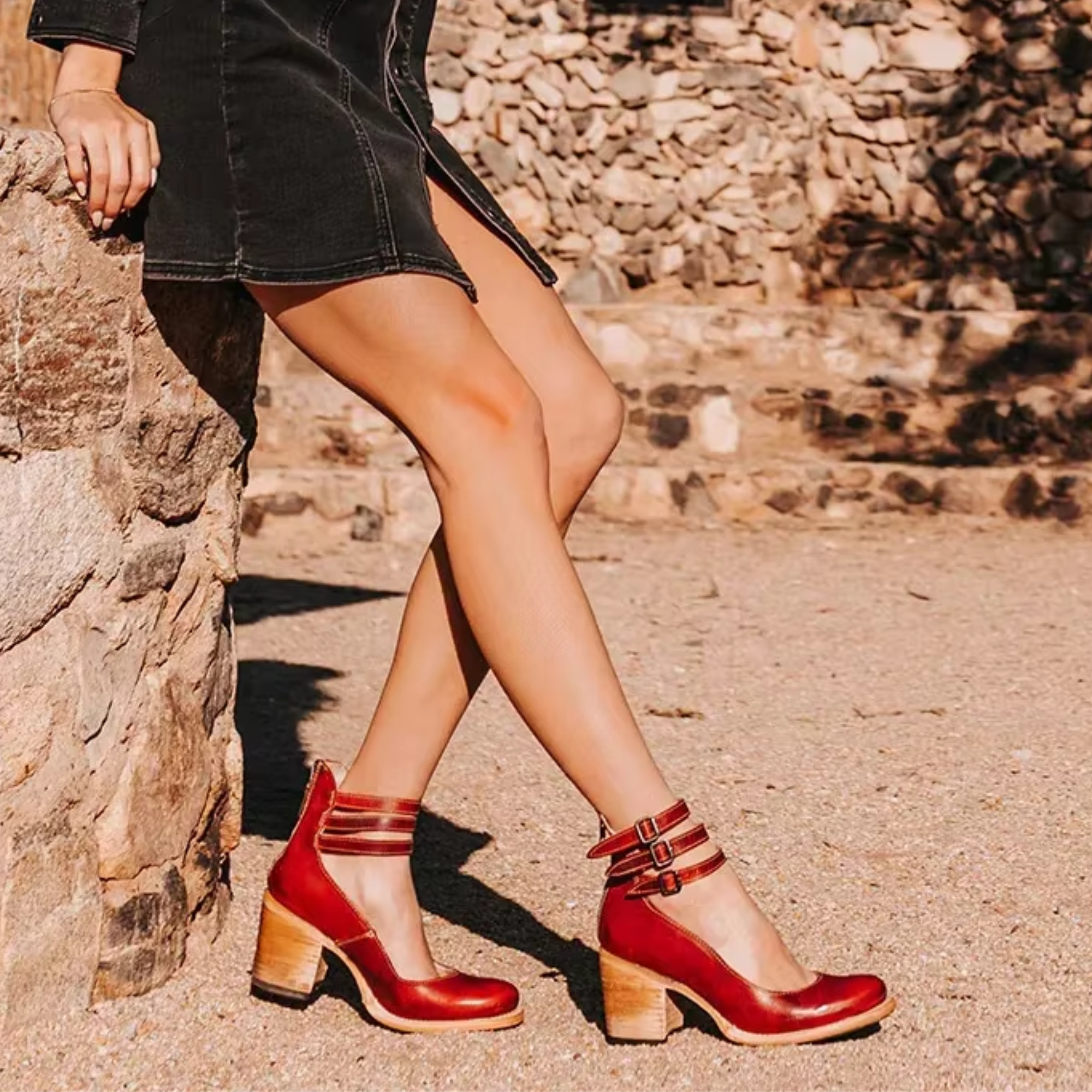 Women's Ankle Strap Block Heel Pumps with Metal Buckle Closures and Zipper - Image 9