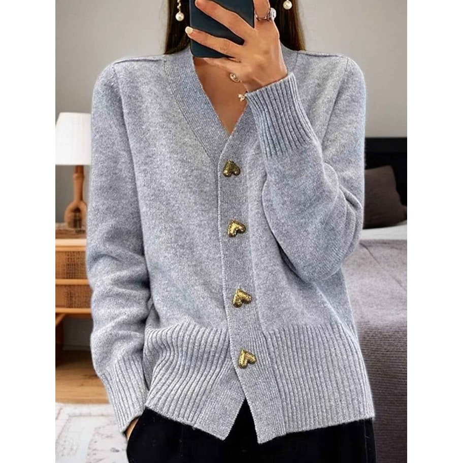 Women's Cardigan Sweater Knit V-Neck with Gold Heart Buttons Long Sleeve - Image 1