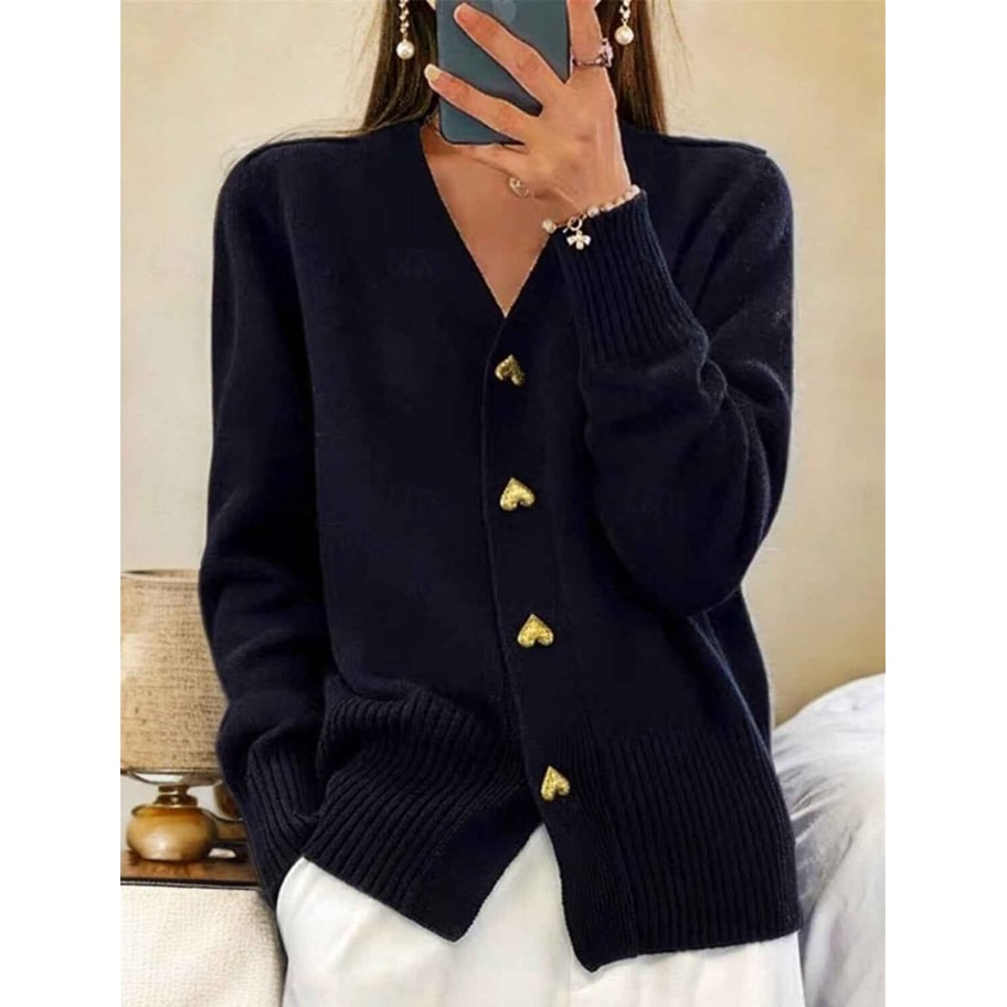 Women's Cardigan Sweater Knit V-Neck with Gold Heart Buttons Long Sleeve - Image 2