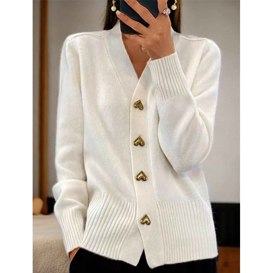 Women's Cardigan Sweater Knit V-Neck with Gold Heart Buttons Long Sleeve - Image 3