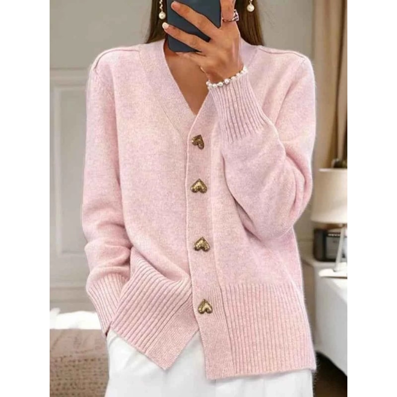 Women's Cardigan Sweater Knit V-Neck with Gold Heart Buttons Long Sleeve - Image 4
